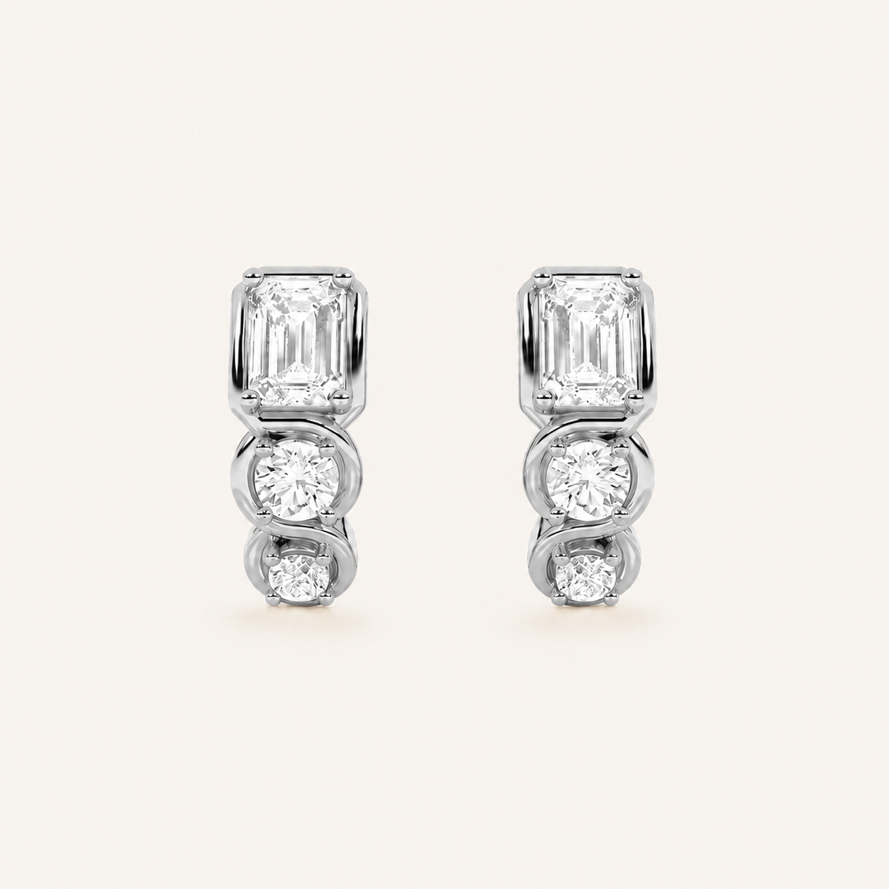 2.5CT Emerald Cut Lab Grown Diamond Three Stone Huggie Earrings