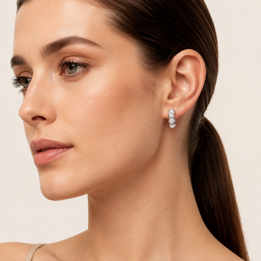 2.5CT Emerald Cut Lab Grown Diamond Three Stone Huggie Earrings