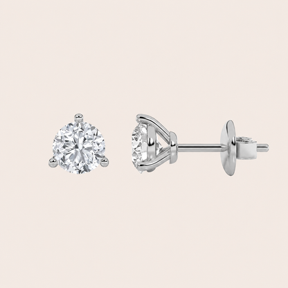 3CT Round Cut Lab Grown Diamond Three Prong Stud Earrings