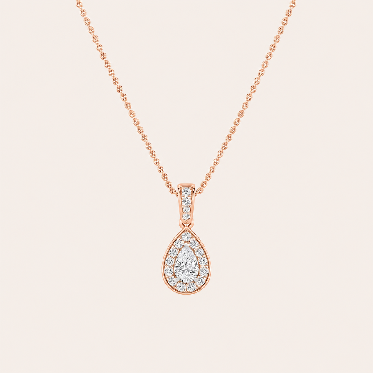 0.75CT Pear Cut Lab Grown Diamond Halo Pendant Necklace
