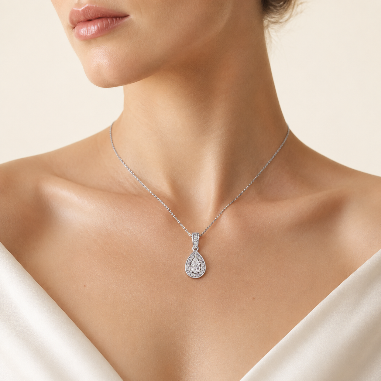 0.75CT Pear Cut Lab Grown Diamond Halo Pendant Necklace