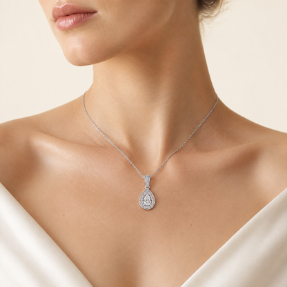 0.75CT Pear Cut Lab Grown Diamond Halo Pendant Necklace