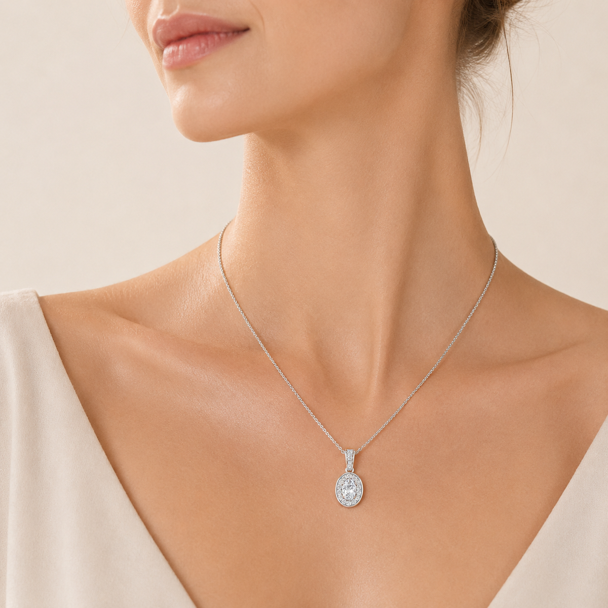 1.3CT Oval Cut Lab Grown Diamond Halo Pendant Necklace