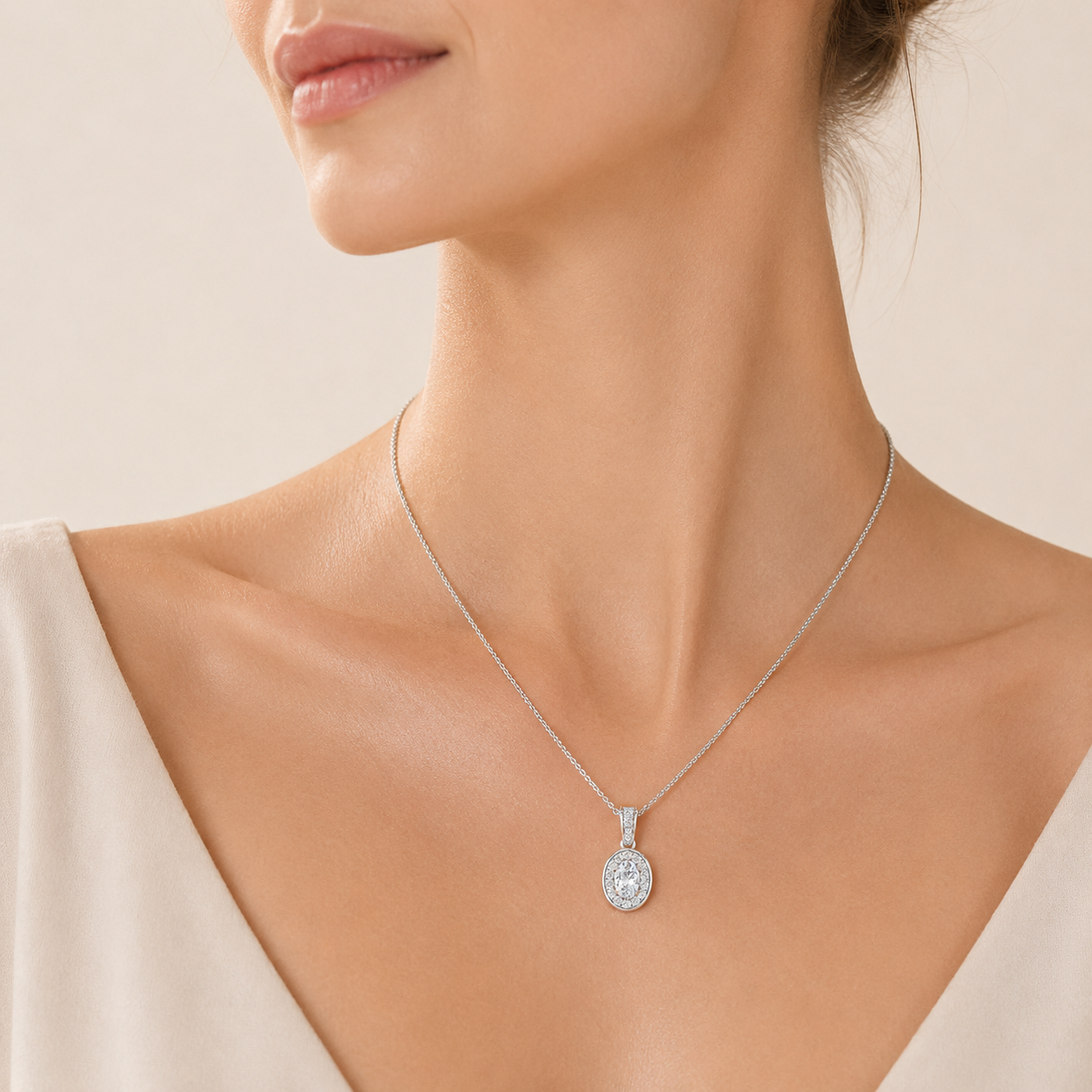 1.3CT Oval Cut Lab Grown Diamond Halo Pendant Necklace