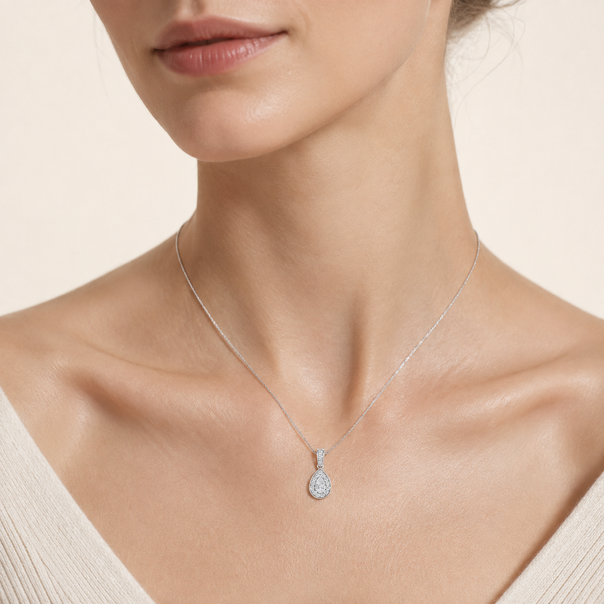 1.3CT Pear Cut Lab Grown Diamond Halo Pendant Necklace