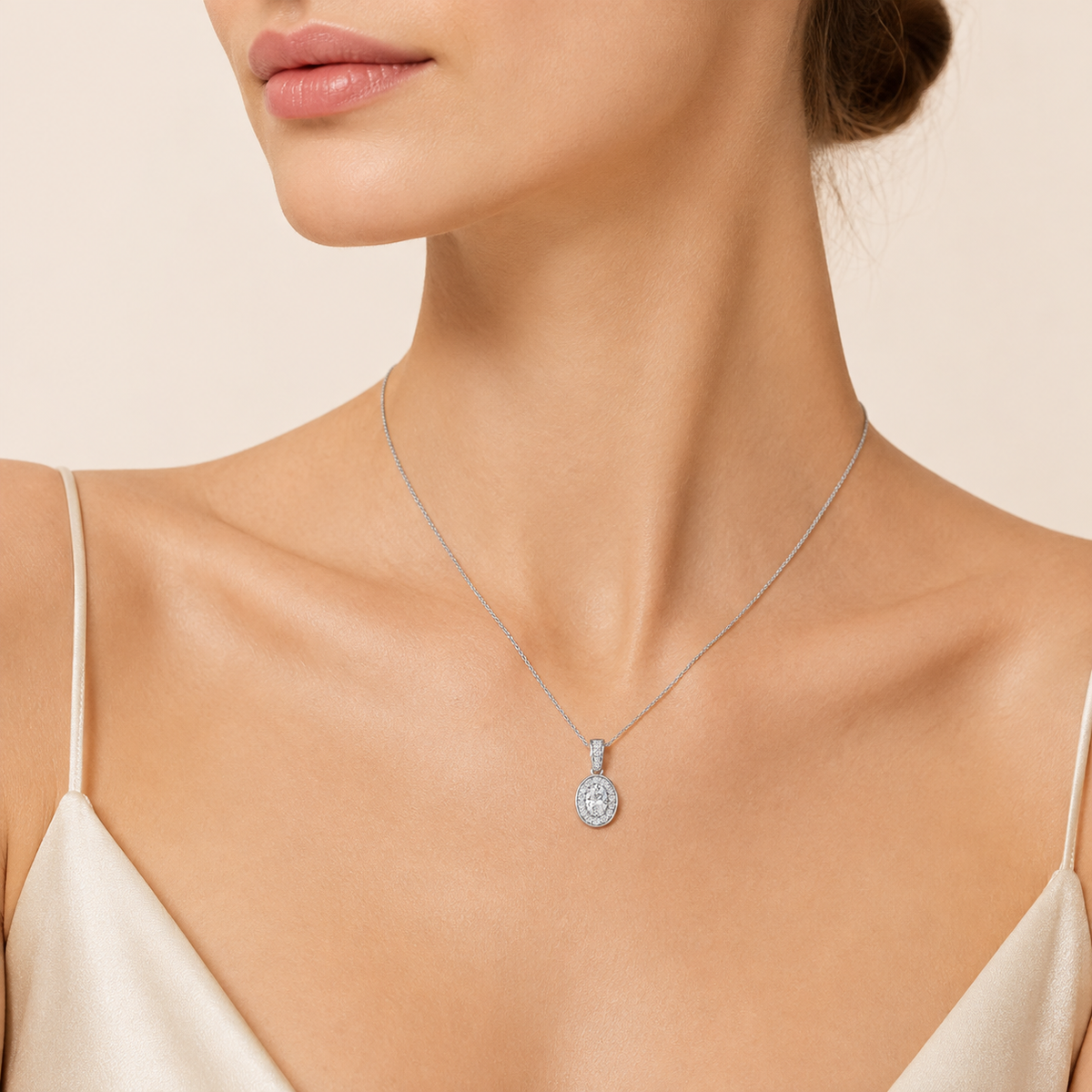 1.25CT Oval Cut Lab Grown Diamond Halo Pendant Necklace