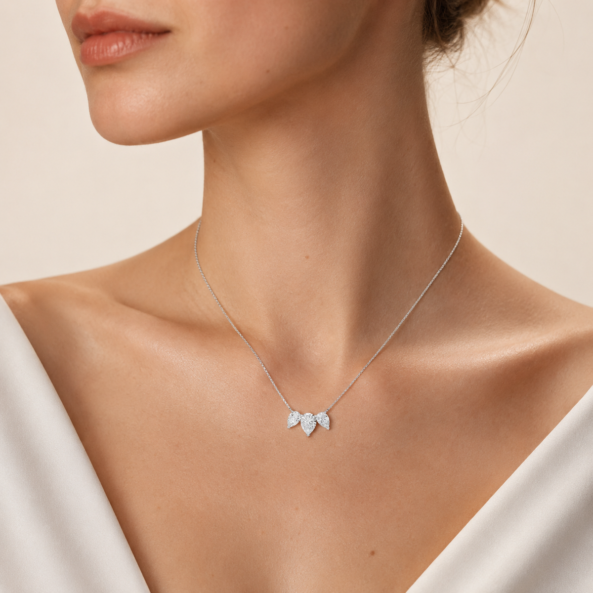3CT Pear Cut Lab Grown Diamond Three Stone Necklace