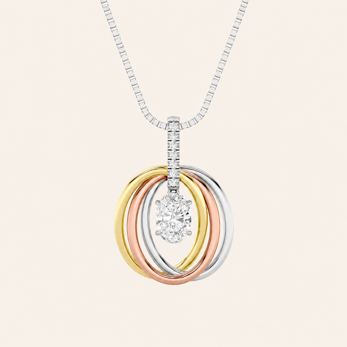 1.5CT Oval Cut Lab Grown Diamond Three Tone Solitaire Accented Pendant Necklace