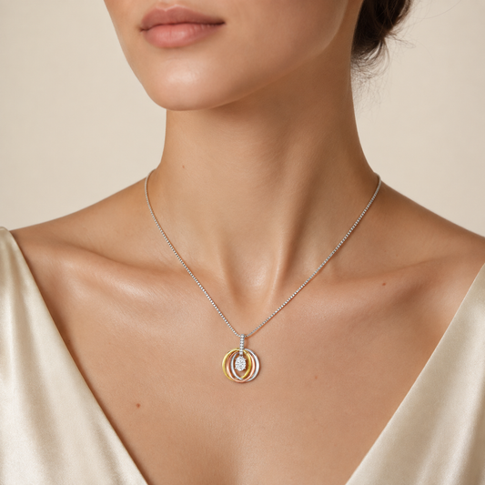 1.5CT Oval Cut Lab Grown Diamond Three Tone Solitaire Accented Pendant Necklace