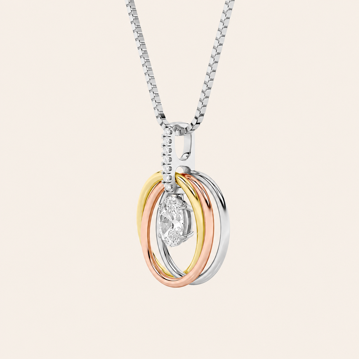 1.5CT Oval Cut Lab Grown Diamond Three Tone Solitaire Accented Pendant Necklace
