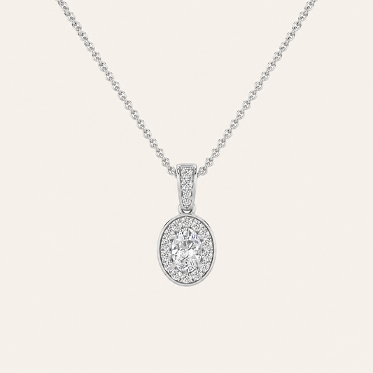 0.75CT Oval Cut Lab Grown Diamond Halo Pendant Necklace