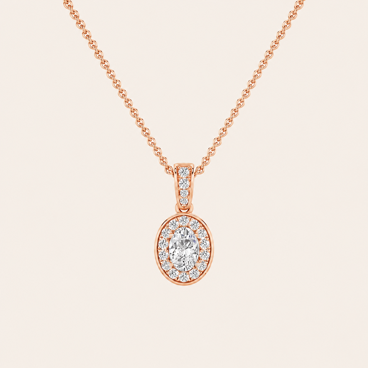 0.75CT Oval Cut Lab Grown Diamond Halo Pendant Necklace