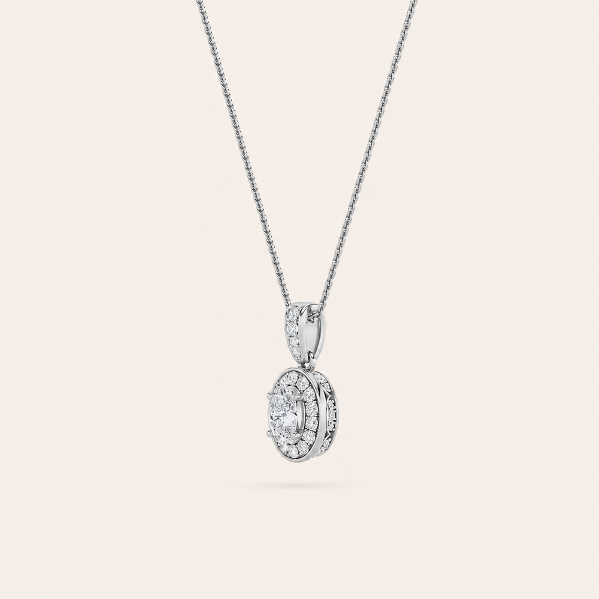 0.75CT Oval Cut Lab Grown Diamond Halo Pendant Necklace