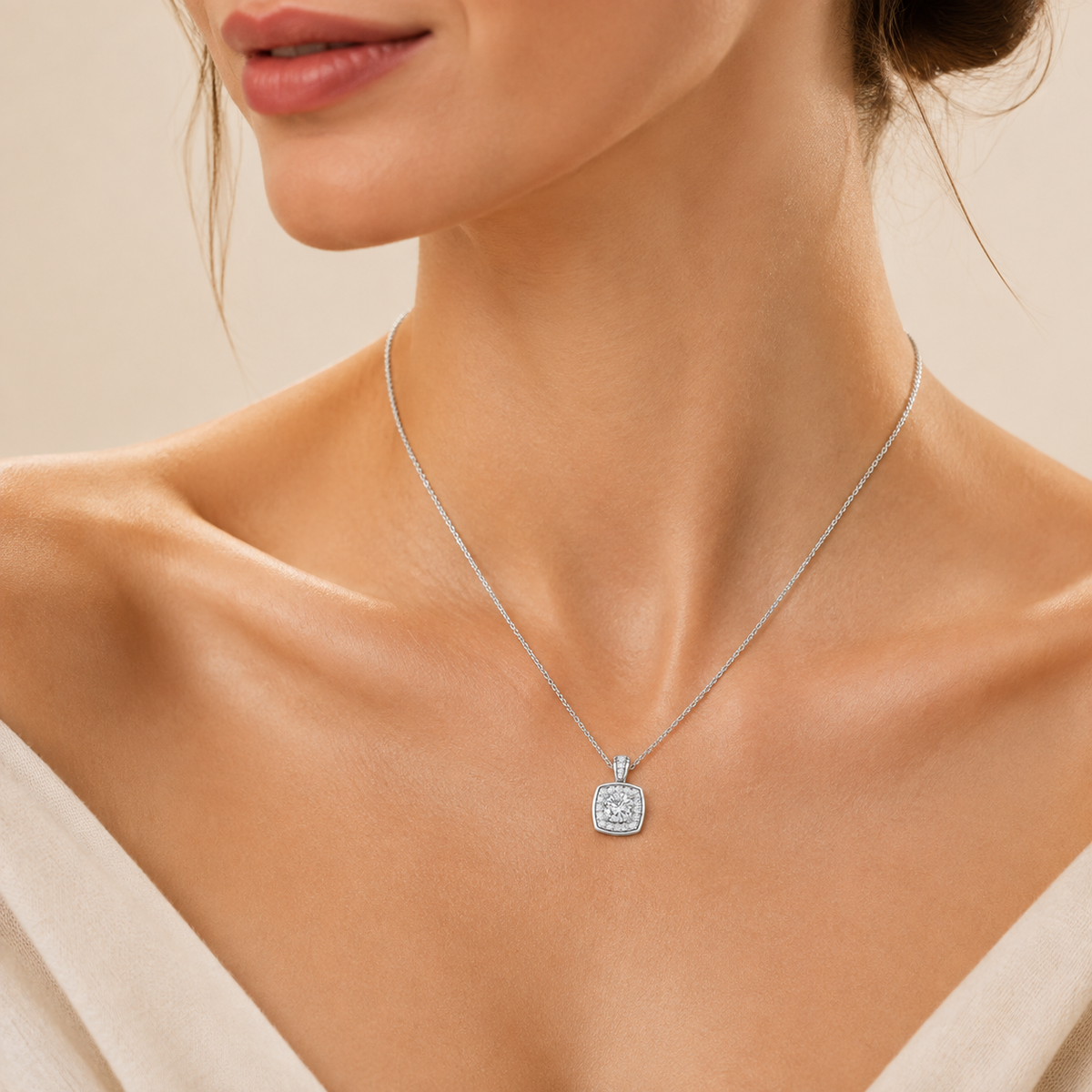0.75CT Round Cut Lab Grown Diamond Halo Pendant Necklace