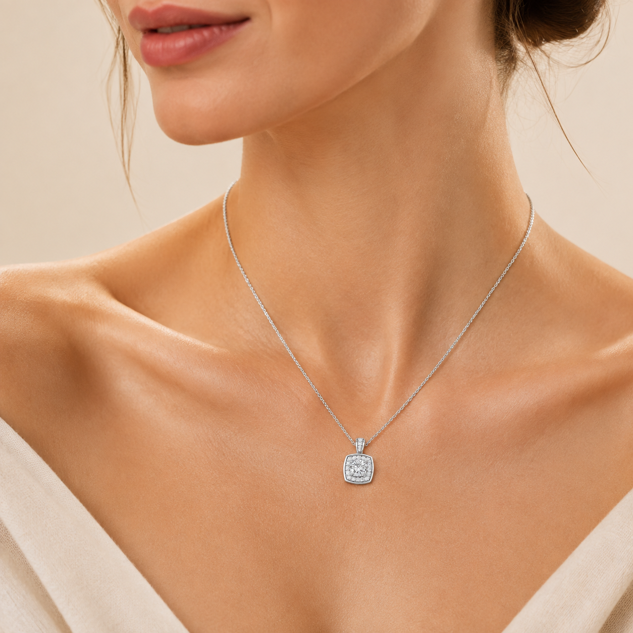 0.75CT Round Cut Lab Grown Diamond Halo Pendant Necklace
