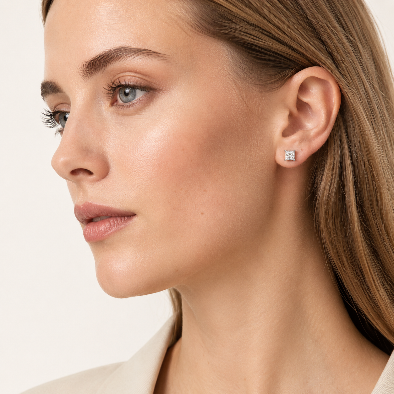 2CT Princess Cut Lab Grown Diamond Hidden Halo Stud Earrings
