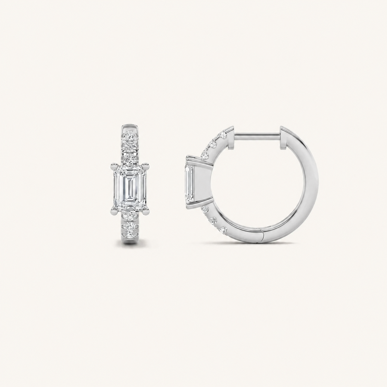 1.5CT Emerald Cut Lab Grown Diamond Solitaire Accent Huggie Earrings