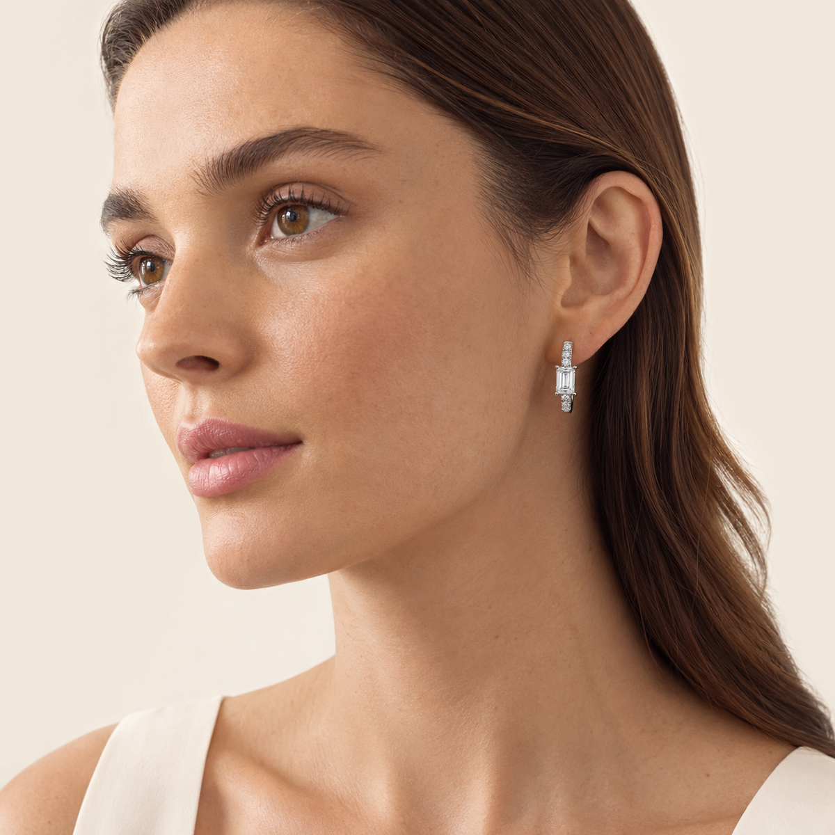 1.5CT Emerald Cut Lab Grown Diamond Solitaire Accent Huggie Earrings