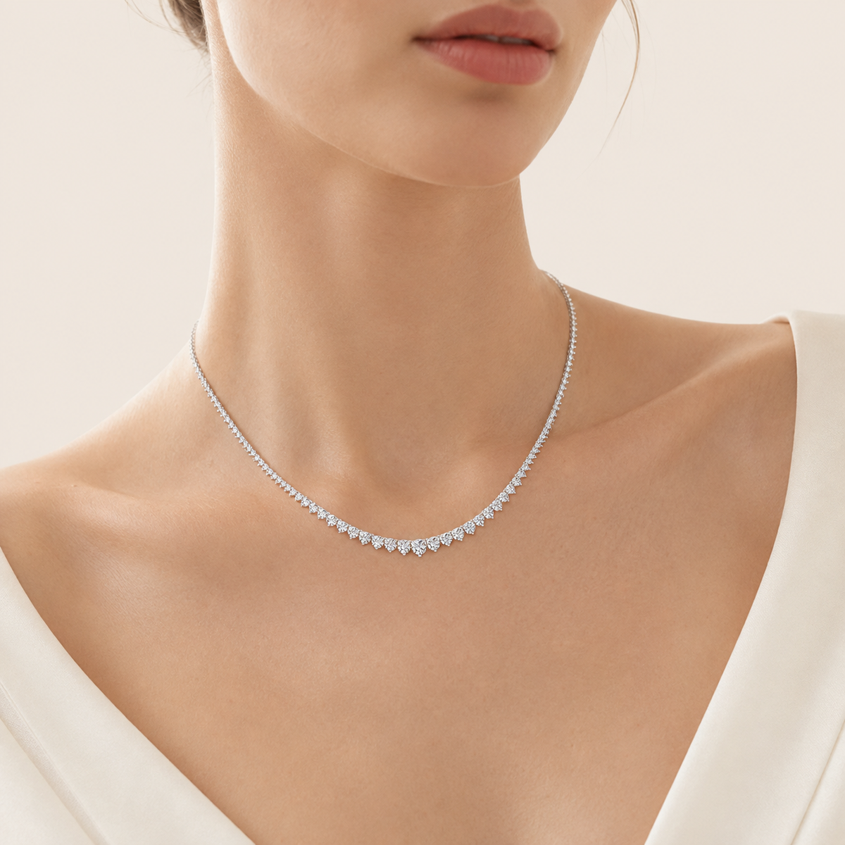 10Ct Round Cut Lab Grown Diamond Three Prong Graduating Tennis Necklace