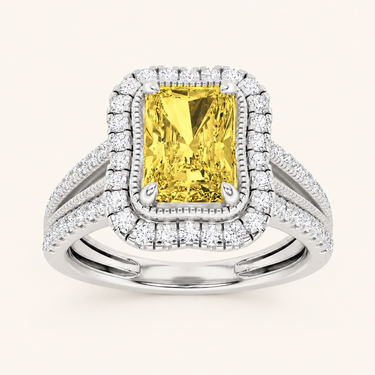 2.5CT Radiant Cut Fancy Yellow Lab Grown Diamond Split Shank Halo Side Stone Ring
