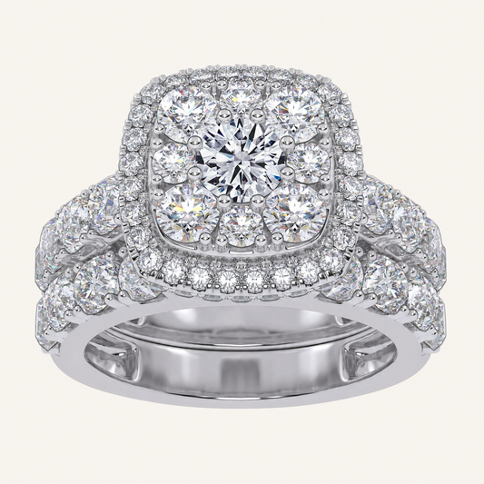 3CT Round Cut Certified Lab Grown Diamond Cluster Halo Bridal Set