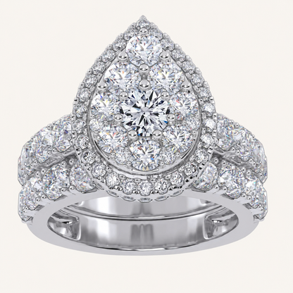 3CT Round Cut Certified Lab Grown Diamond Pear Shaped Cluster Halo Bridal Set