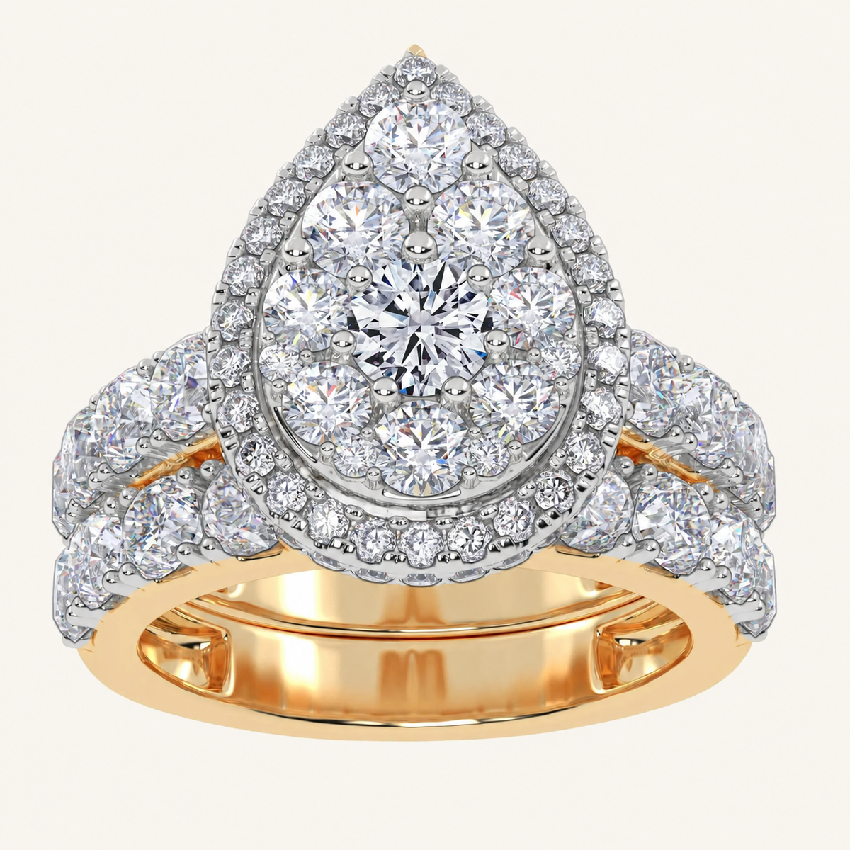 3CT Round Cut Certified Lab Grown Diamond Pear Shaped Cluster Halo Bridal Set