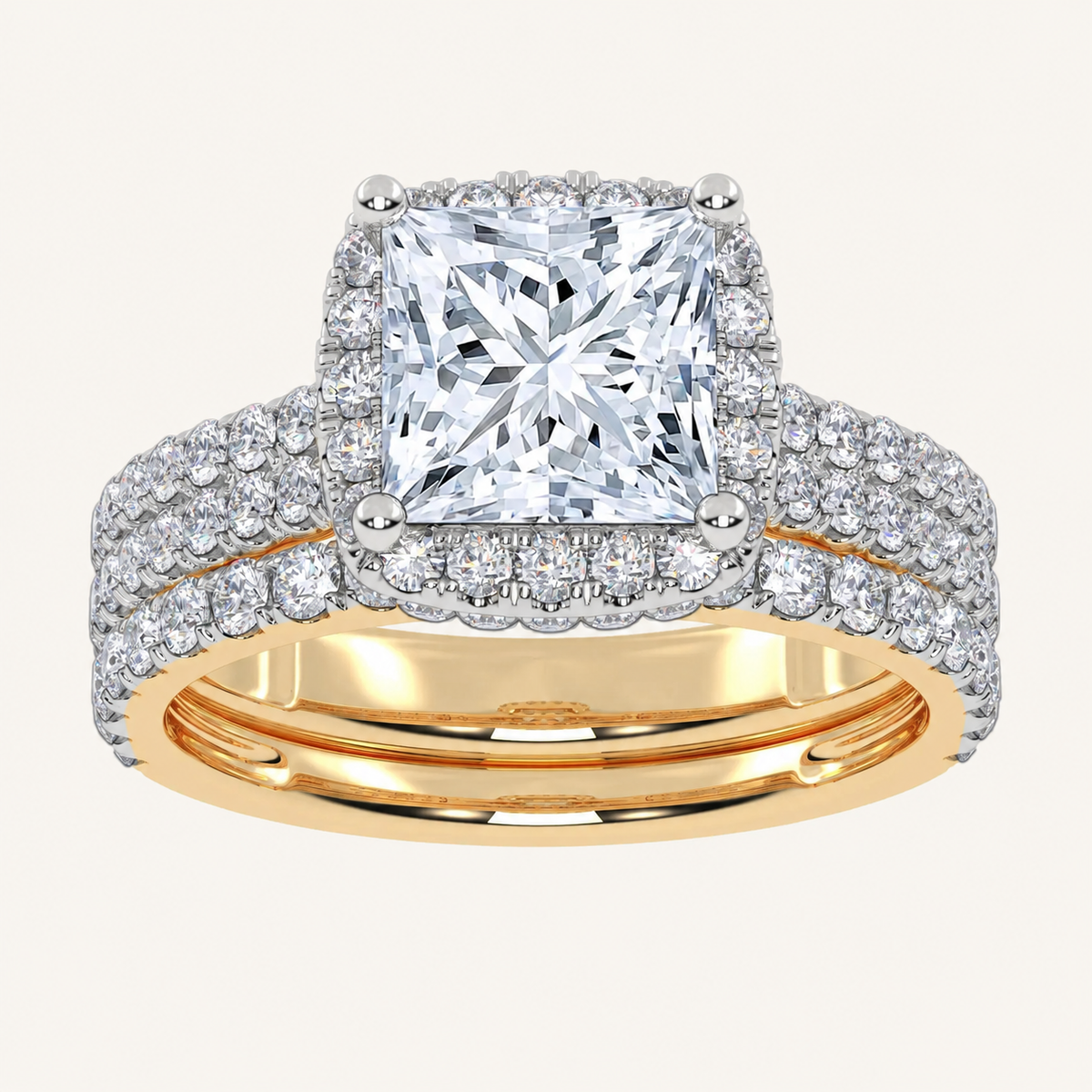 2.54CT Princess Cut Certified Lab Grown Diamond Halo Bridal Set