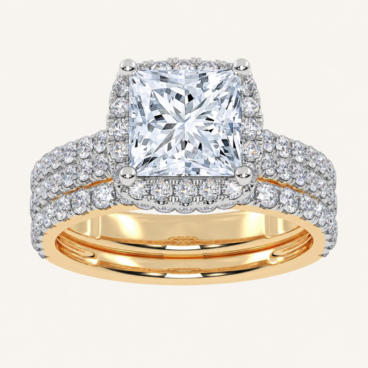 2.54CT Princess Cut Certified Lab Grown Diamond Halo Bridal Set