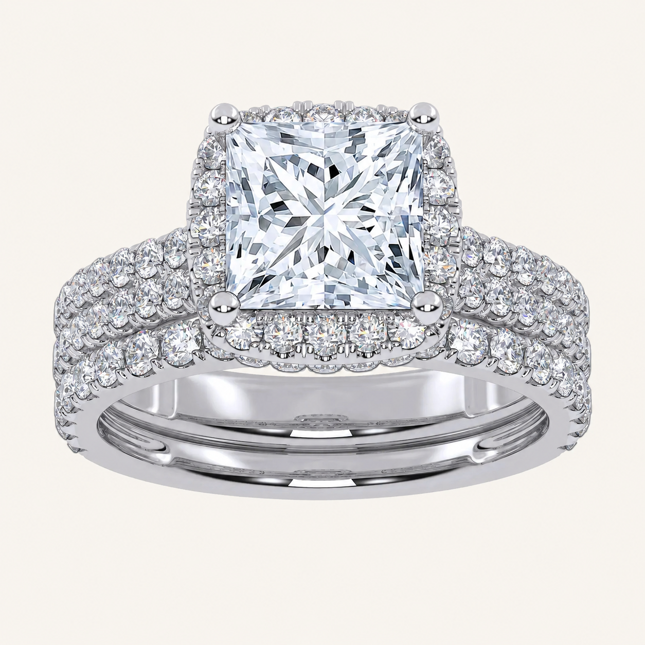 2.54CT Princess Cut Certified Lab Grown Diamond Halo Bridal Set