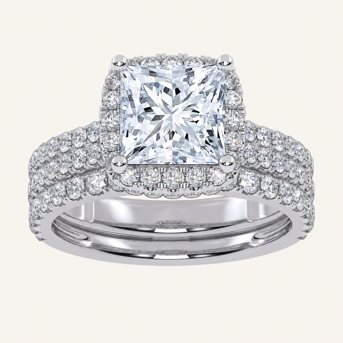 2.54CT Princess Cut Certified Lab Grown Diamond Halo Bridal Set