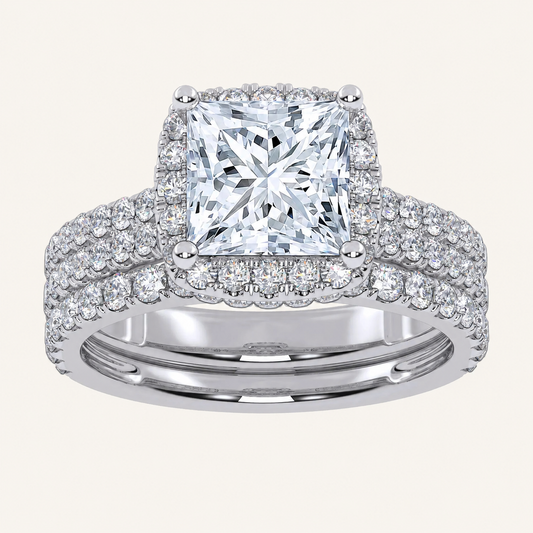 2.54CT Princess Cut Certified Lab Grown Diamond Halo Bridal Set