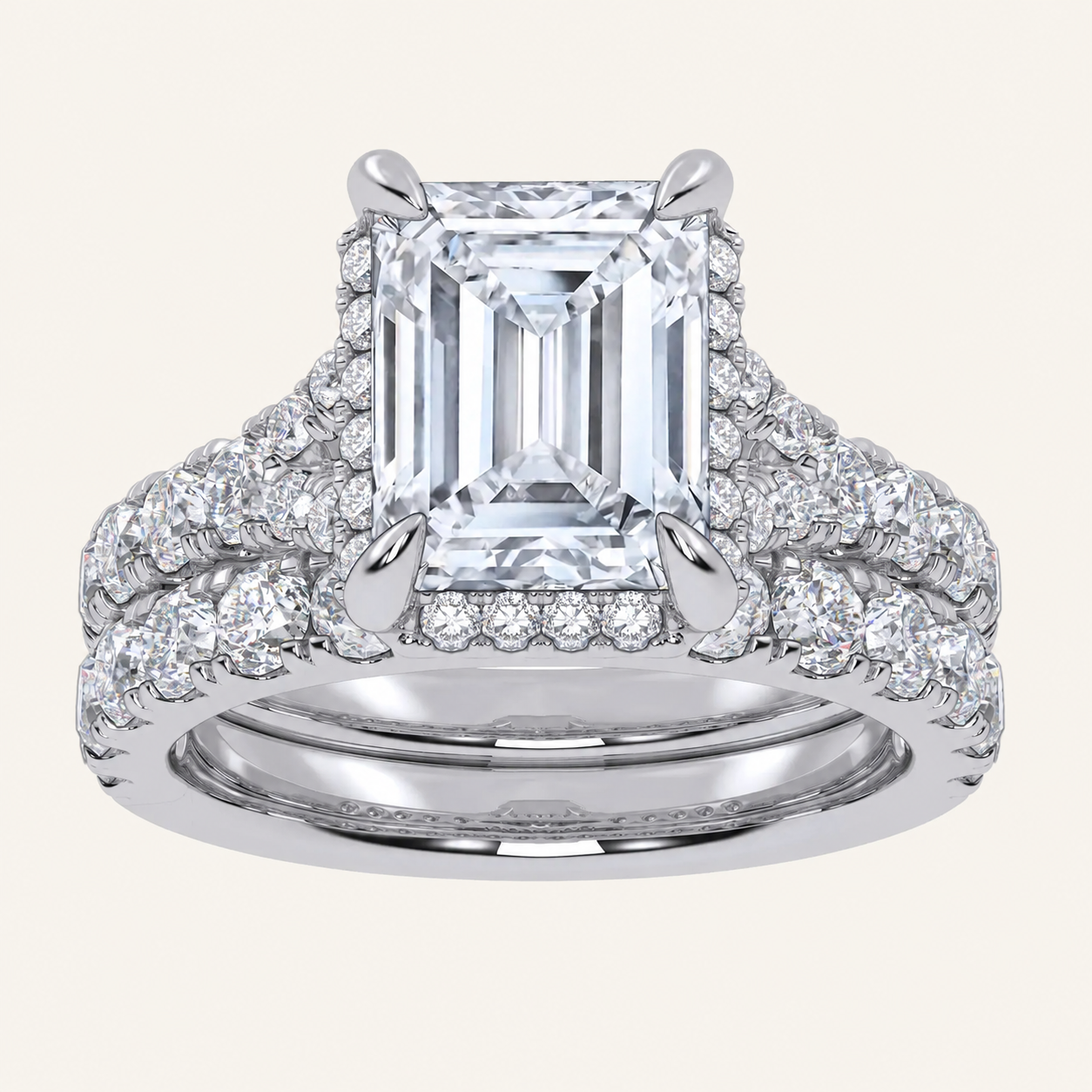 4.53CT Emerald Cut Certified Lab Grown Diamond Hidden Halo Bridal Set