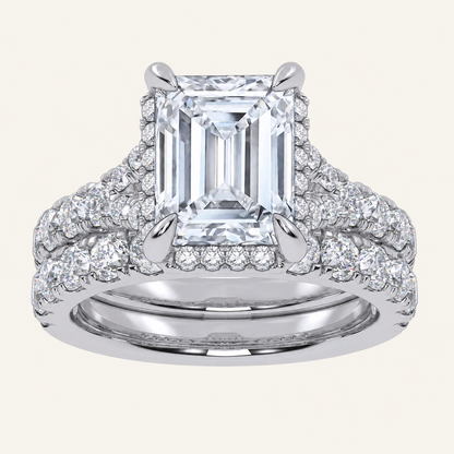 4.53CT Emerald Cut Certified Lab Grown Diamond Hidden Halo Bridal Set
