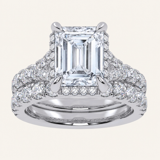 4.53CT Emerald Cut Certified Lab Grown Diamond Hidden Halo Bridal Set