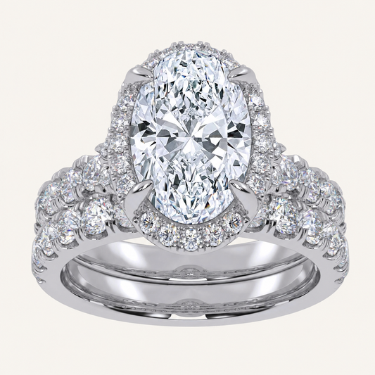 4.53CT Oval Cut Certified Lab Grown Diamond Halo Bridal Set