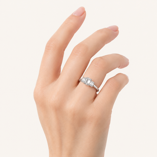 2CT Emerald Cut Lab Grown Diamond Three Stone Ring