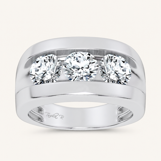 3.2CT Round Cut Certified Lab Grown Diamond Three Stone Men's Ring
