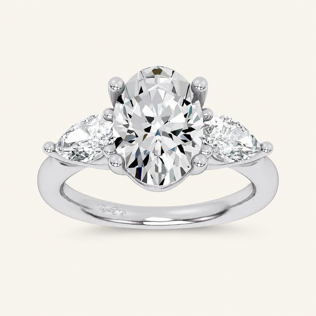 3.8CT Oval and Pear Cut Certified Lab Grown Diamond Three Stone Engagement Ring