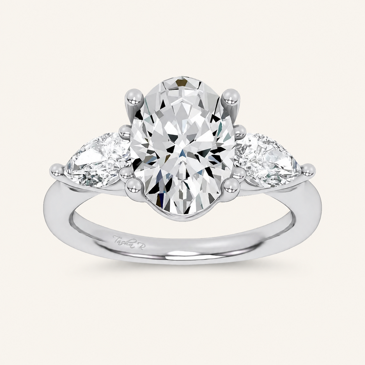 3.8CT Oval and Pear Cut Certified Lab Grown Diamond Three Stone Engagement Ring