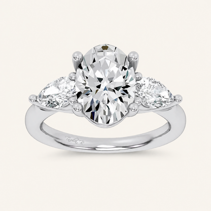 3.8CT Oval and Pear Cut Certified Lab Grown Diamond Three Stone Engagement Ring