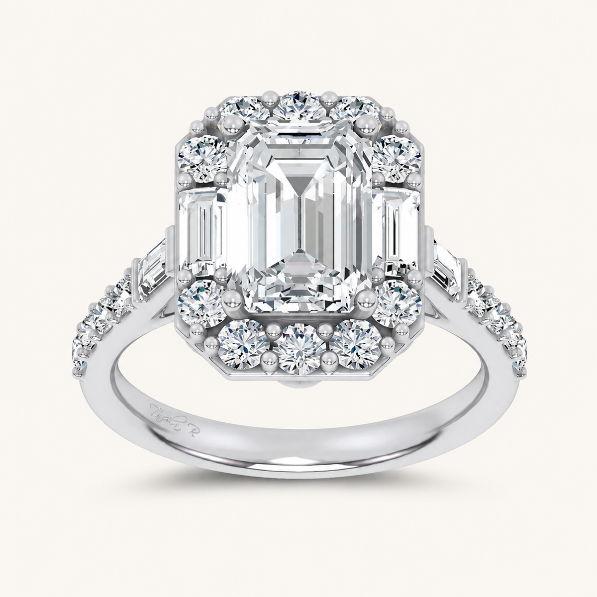 3.87CT Emerald Cut Certified Lab Grown Diamond Engagement Halo Ring