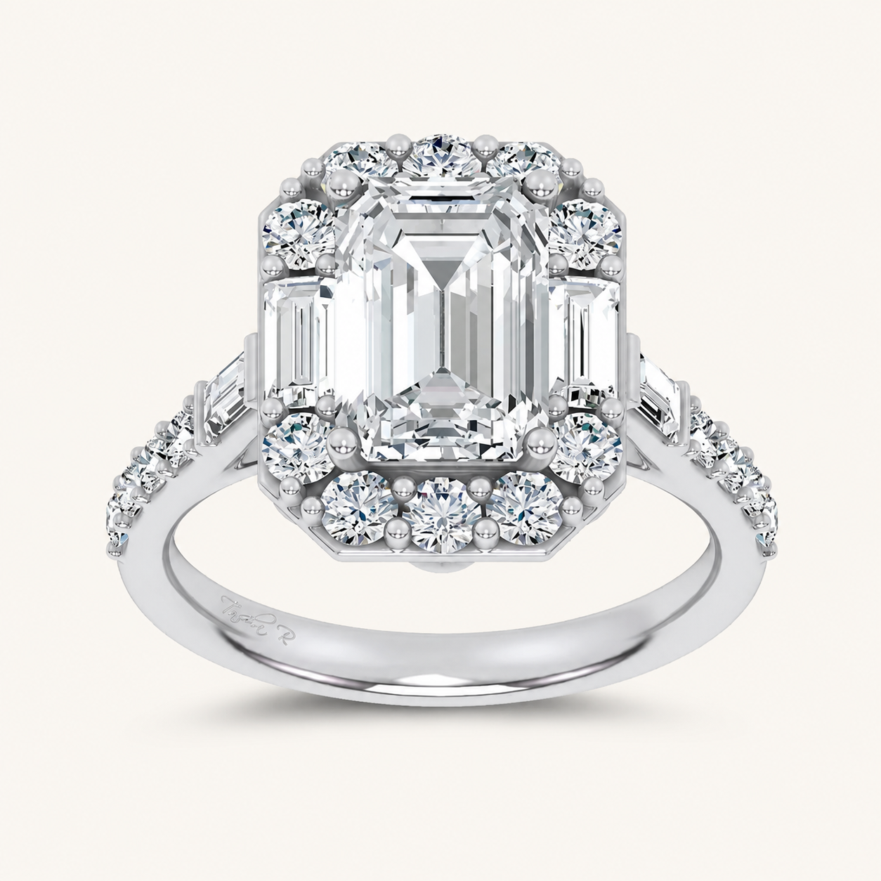 3.87CT Emerald Cut Certified Lab Grown Diamond Engagement Halo Ring
