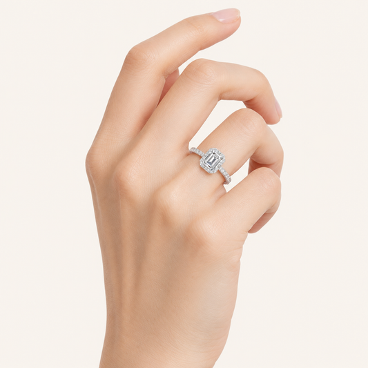 1.25CT Emerald Cut Lab Grown Diamond Halo Ring