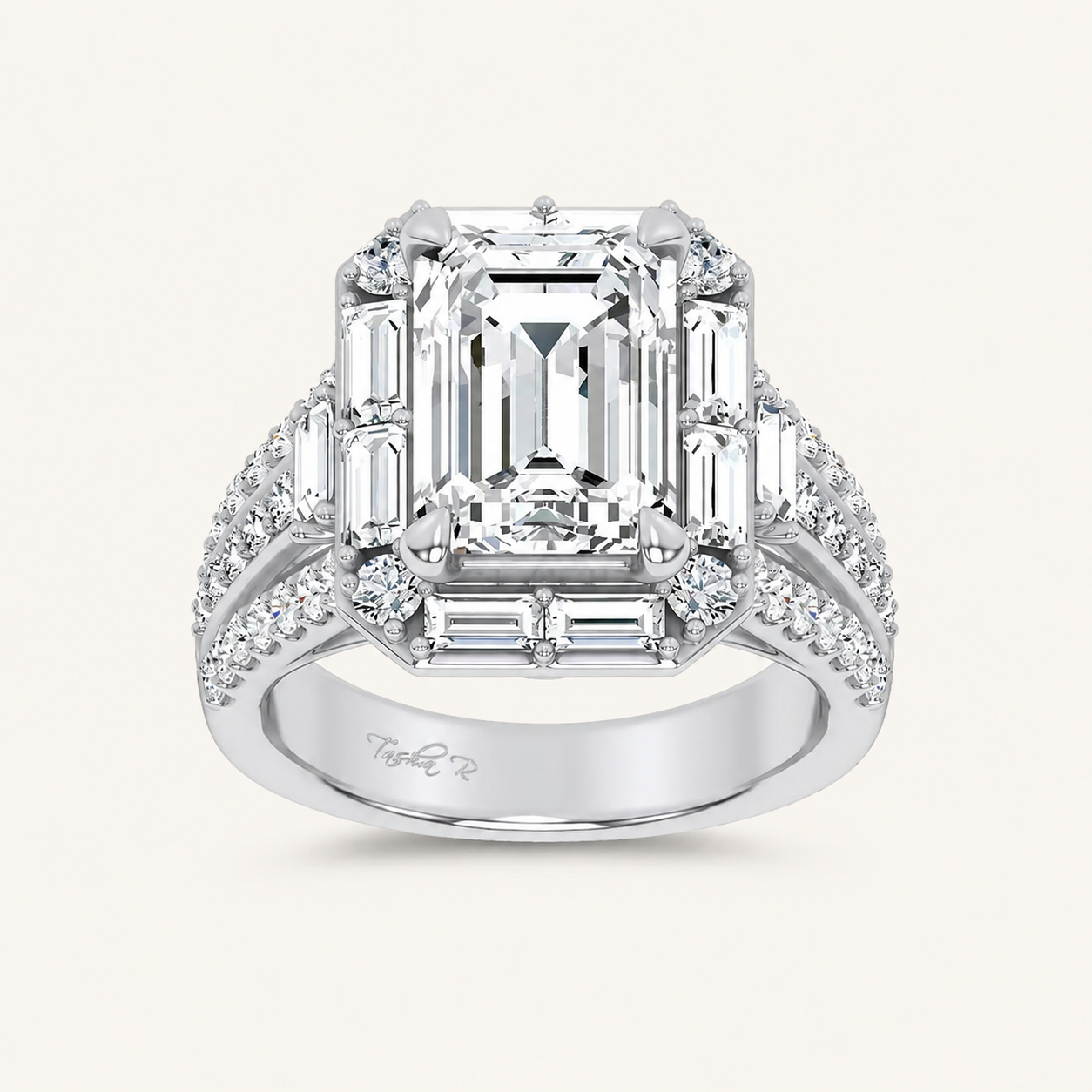 6.4CT Emerald Cut Certified Lab Grown Diamond Halo Engagement Ring