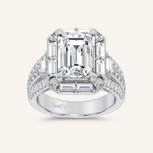 6.4CT Emerald Cut Certified Lab Grown Diamond Halo Engagement Ring