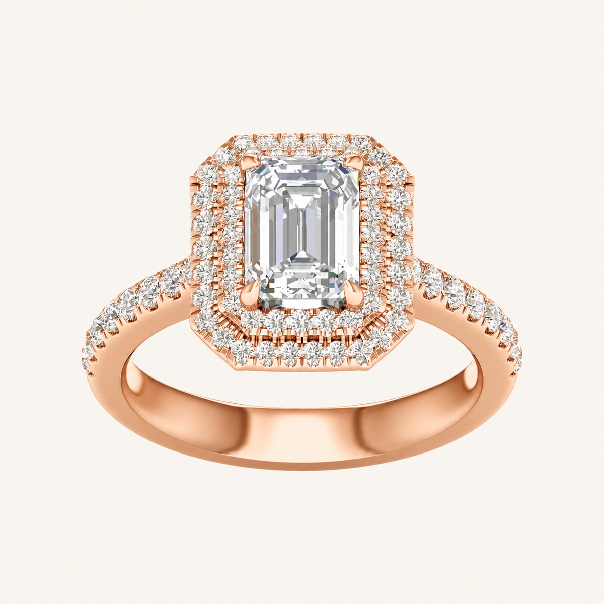2CT Emerald Cut Lab Grown Diamond Double Halo Ring