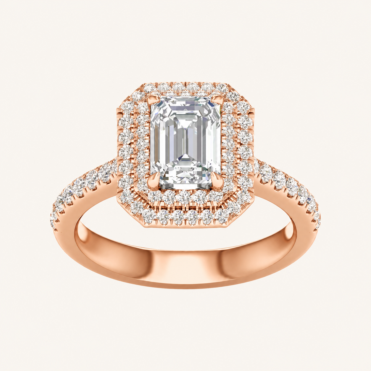 2CT Emerald Cut Lab Grown Diamond Double Halo Ring