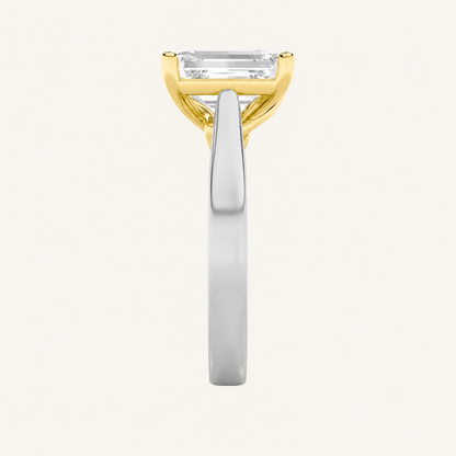 2CT Emerald Cut Lab Grown Diamond Two Tone Twisted Basket Cathedral Shank Solitaire Ring