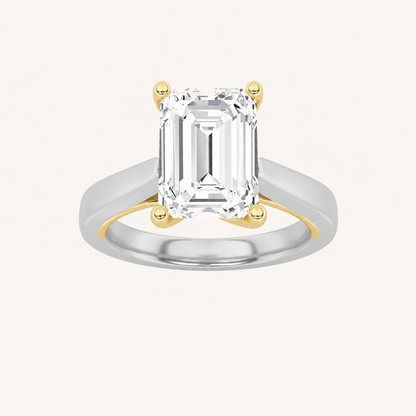 3CT Emerald Cut Lab Grown Diamond Two Tone Twisted Basket Cathedral Shank Solitaire Ring